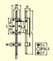 サイズ（mm）\nL1：55、L2：28、L3：35、P：40、P1：25、P2：23、\nW：37、W1：15、W2：6、H：22、H1：44、D：φ12、t：1.6