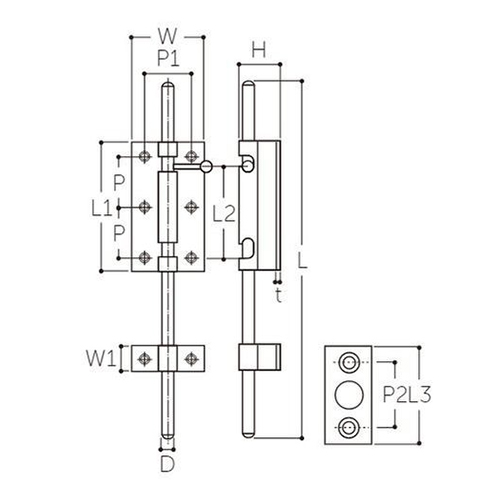 L：100mm　L1：55mm　L2：28mm　L3：35mm\nP：40mm　P1：25mm　P2：23mm\nW：37mm　W1：15mm　W2：6mm\nH：22mm　H1：44mm　D：φ12mm　t：1.6mm