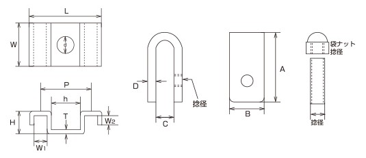 L：42mm、W：25mm、d：10mm、P：31mm、H：13.5mm、h：20mm、W1：7mm、W2：6mm、T：2mm、A：39mm、B：19mm、C：10.5mm、D：4.5mm、捻径：M-8