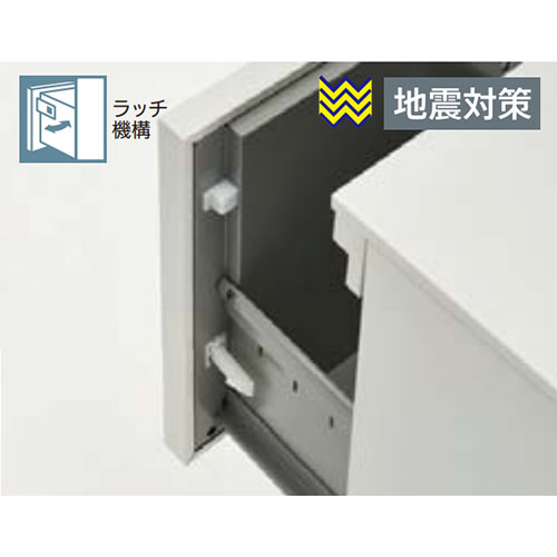 引出しの取っ手に指を掛け、引出しを引くのと同時にロックが外れるラッチ機構