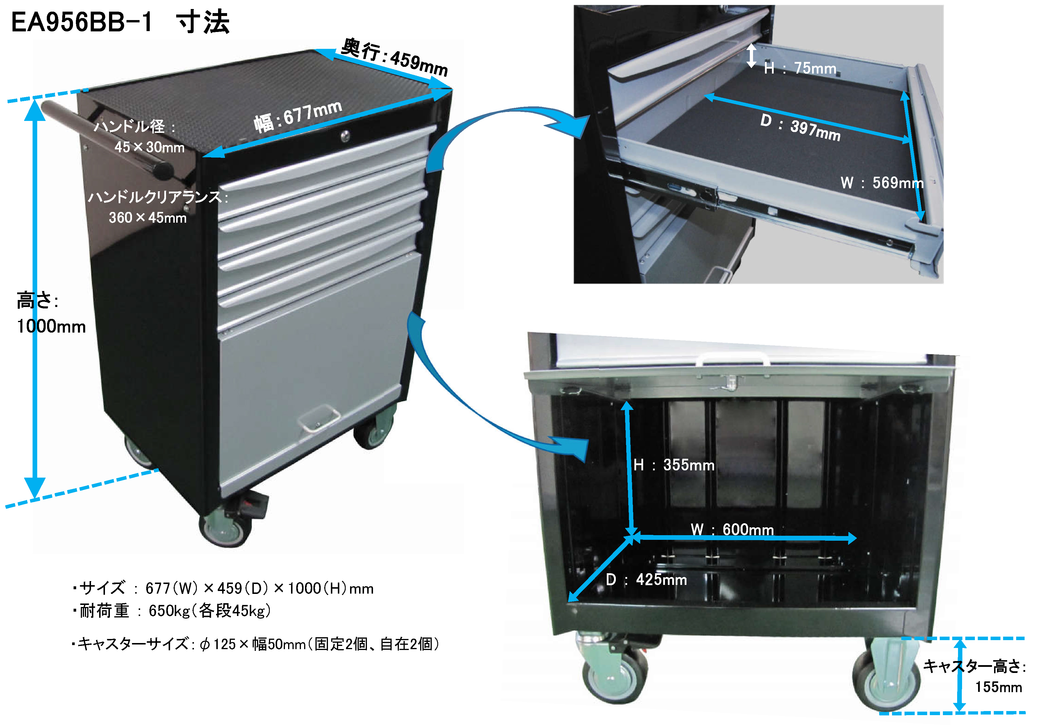 流行 エスコ ESCO 396x585x606mm 3段 ワゴン EA954DF-51C