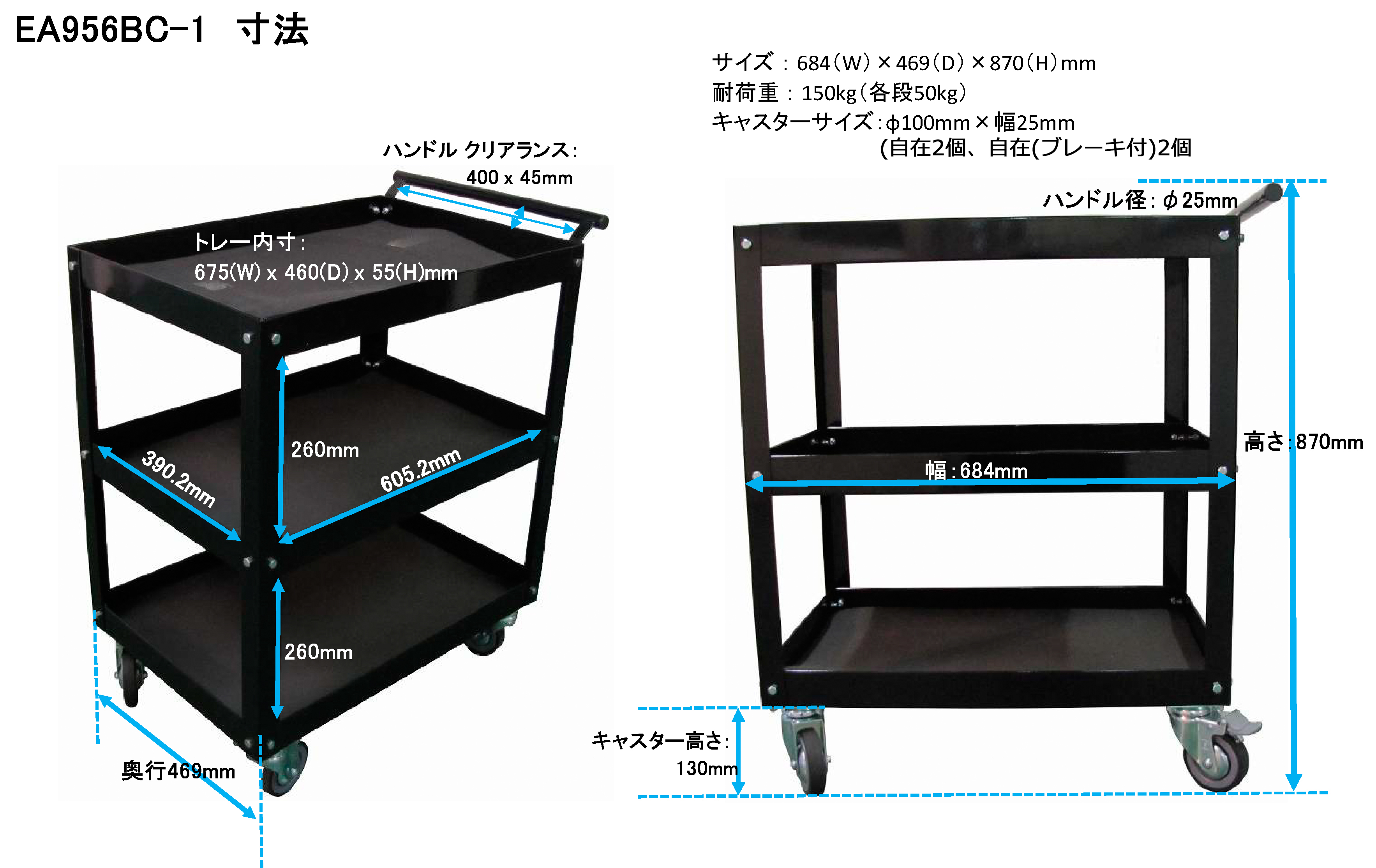 エスコ EA956AH-12 EA956AH−12 457x895x870mm ツールワゴン【樹脂製】 