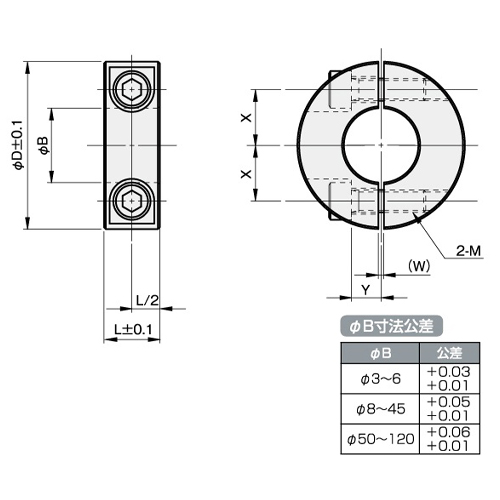 B：φ30mm　　D：φ55mm　　L：15mm\nW：1.5mm　　X：20mm　　Y：10mm\nM：M6×25