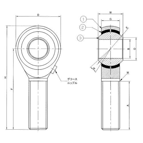 B：φ16mm　W：21mm　E：φ28.575mm\nO：19.38mm　G：15mm　D：φ38mm　F：66mm\nA：40mm　M：M16×2.0mm　α：16度