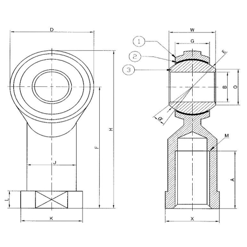 B：φ20mm　W：25mm　E：φ34.925mm\nO：24.39mm　G：18mm　D：φ46mm　F：77mm\nA：40mm　M：M20×1.5mm　K：34mm\nX：30mm　L：10mm　J：27.5mm　α：14度