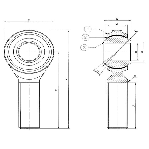 B：φ14mm　W：19mm　E：φ25.400mm\nO：16.86mm　G：13.5mm　D：φ34mm　F：60mm\nA：36mm　M：M14×2.0mm　α：15度