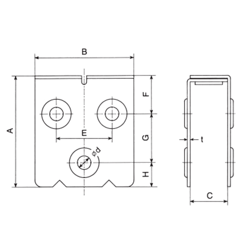 A：112㎜　　　B：90㎜　　　C：34～50㎜\nE：55㎜　　　F：37㎜　　　G：55㎜\nH：20㎜　　　ｄ：10㎜　　　ｔ：2.6㎜