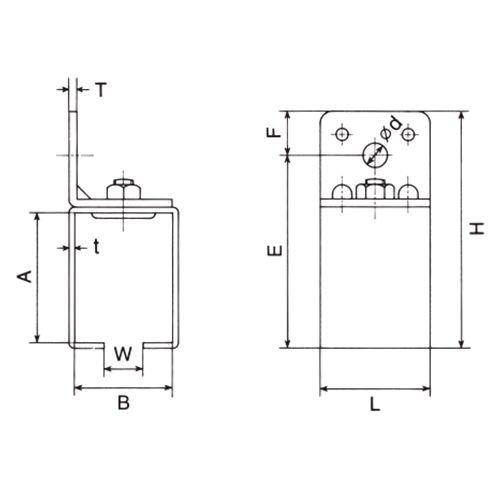 A：67㎜　　　B：50㎜　　　E：96㎜\nF：23㎜　　　H：119㎜　　　L：47㎜\nW：21㎜　　　ｄ：10㎜\nｔ：2.6㎜　　　Ｔ：4.0㎜