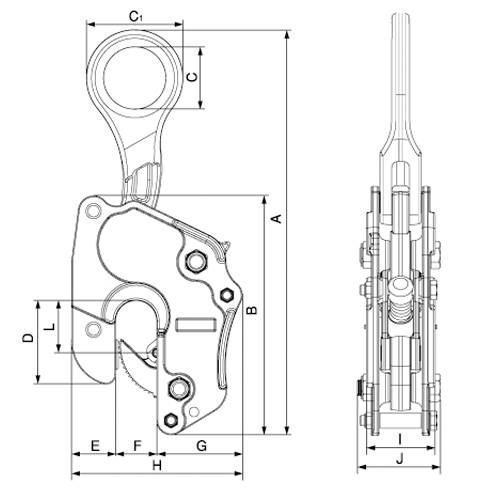 A：320mm　B：224mm　C：65mm　C1：101mm\nD：82mm　E：38mm　F：36mm　G：78mm\nH：152mm　I：58mm　J：70mm　L：52mm