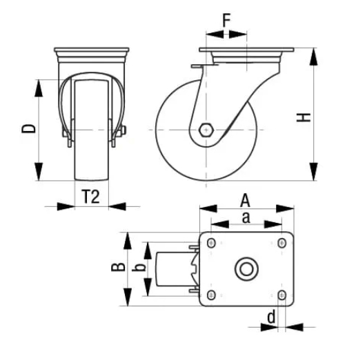 D：100mm　T2：30mm　H：125mm\nA：100mm　B：85mm　F：35mm\na：80mm　b：60mm　d：9mm