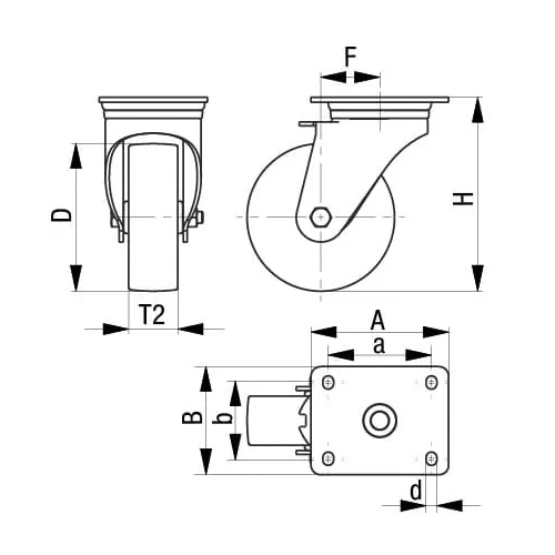 D：125mm　T2：40mm　H：150mm\nA：100mm　B：85mm　F：40mm\na：80mm　b：60mm　d：9mm