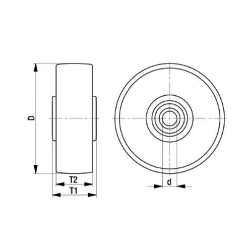 D(車輪径)：75mm、T2(車輪幅)：25mm\nT1(ボス幅)：30mm、d(軸径)：6mm