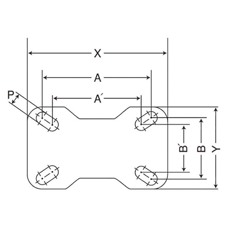 エスコ寸法図\nA×B：55×28mm　A´×B´：54×28mm\nX×Y：70×52mm　P：8.8mm