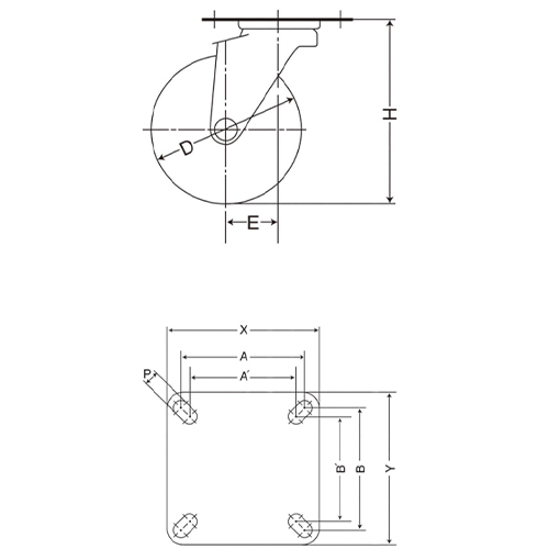D：150㎜　　　H：190㎜\nA×B：80×80㎜　　A’×B'：75×75㎜\nX×Y：102×102㎜　　P：11㎜　　E：40㎜