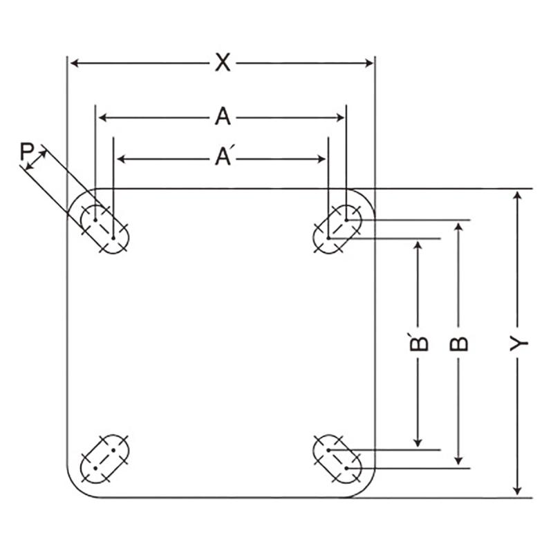 エスコ寸法図\nA×B：55×42mm　A´×B´：54×44mm\nX×Y：70×58mm　P：8.8mm