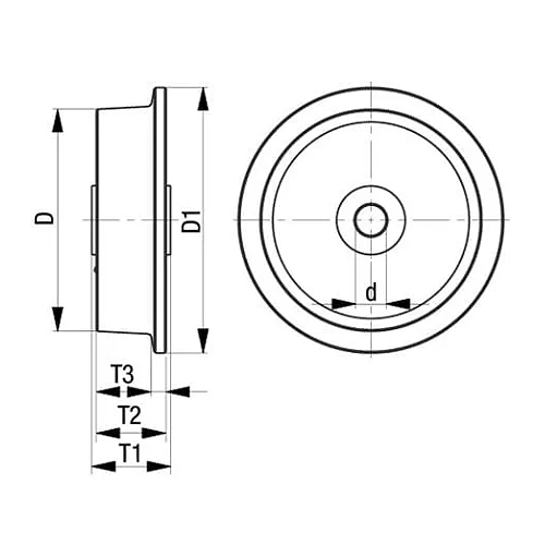 D：125mm 　D1：150mm\nT1：50mm 　T2：50mm\nT3：40mm 　 d：25mm