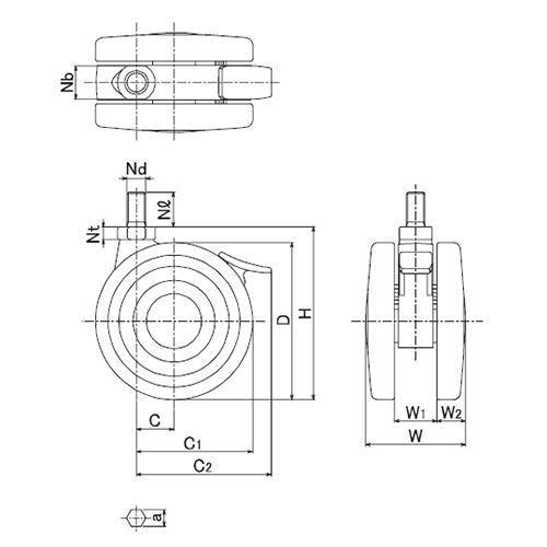 D:100㎜　　　H：110㎜　　　C：24㎜\nC1：74㎜　　　W：64㎜　　　W1：27㎜\nW2：18.5㎜　　　Nb：21㎜　　　Nd：M12×1.75\nNl：22㎜　　　Nt：8mm　　　a：10㎜