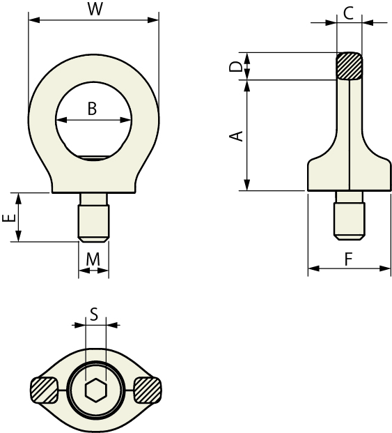 A：57mm、B：40mm、C：16mm、D：17mm、E：30mm、F：44mm、S：12mm、W：70mm