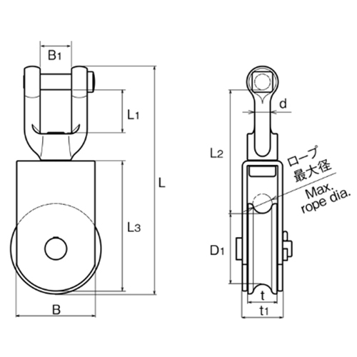 ｄ：13㎜　　　Ｌ：189㎜　　　Ｌ1：35㎜\nＬ2：103㎜　　　Ｌ3：110㎜　　　Ｄ1：59㎜\nＢ：65㎜　　　Ｂ1：26㎜\nｔ：24㎜　　　ｔ1：33㎜