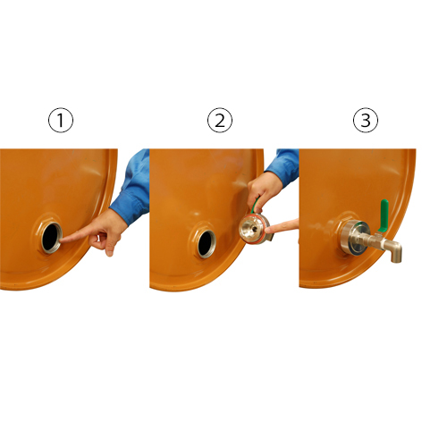 1.JIS規格のドラム缶（接続口径G2）のキャップを外します。\n2.コック本体の袋ナットを緩めてネジを出します。\n3.口金（G2）に差し込みます。向きを調整しながら袋ナットで固定します。