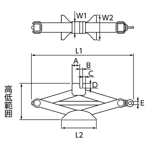 L1（最大）：380㎜　　　L2：130㎜\nW1：40㎜　　　W2：90㎜　　　\nA：30㎜　　　B：10㎜　　　C：10㎜　　　\nD：17㎜　　　E：12㎜