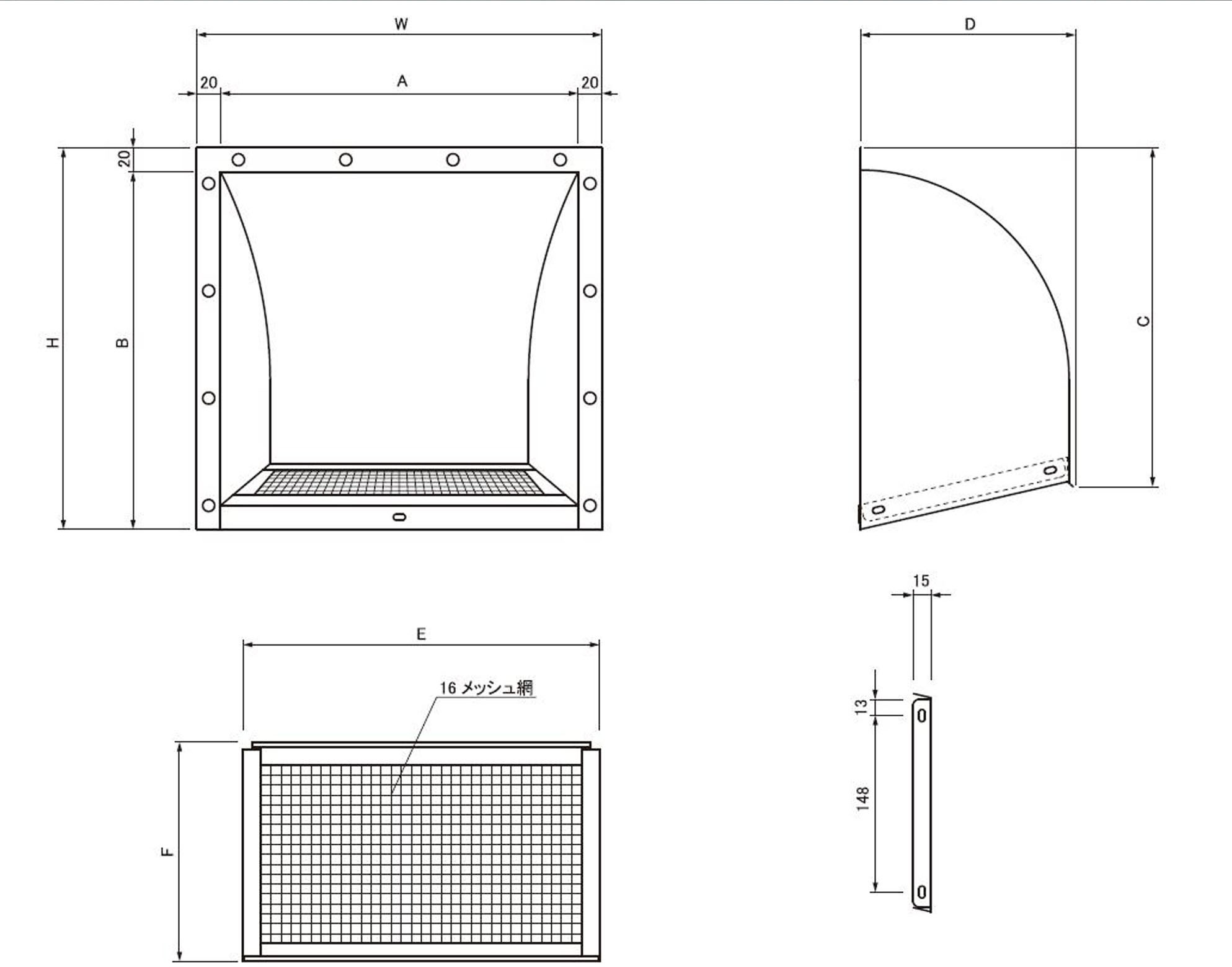 A：250mm、B：250mm、C：200mm、D（張出し）：175mm、H：270mm、W：290mm、E：249mm、F：188mm